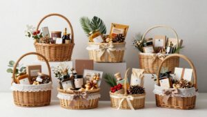 Unique gift baskets filled with gourmet treats.